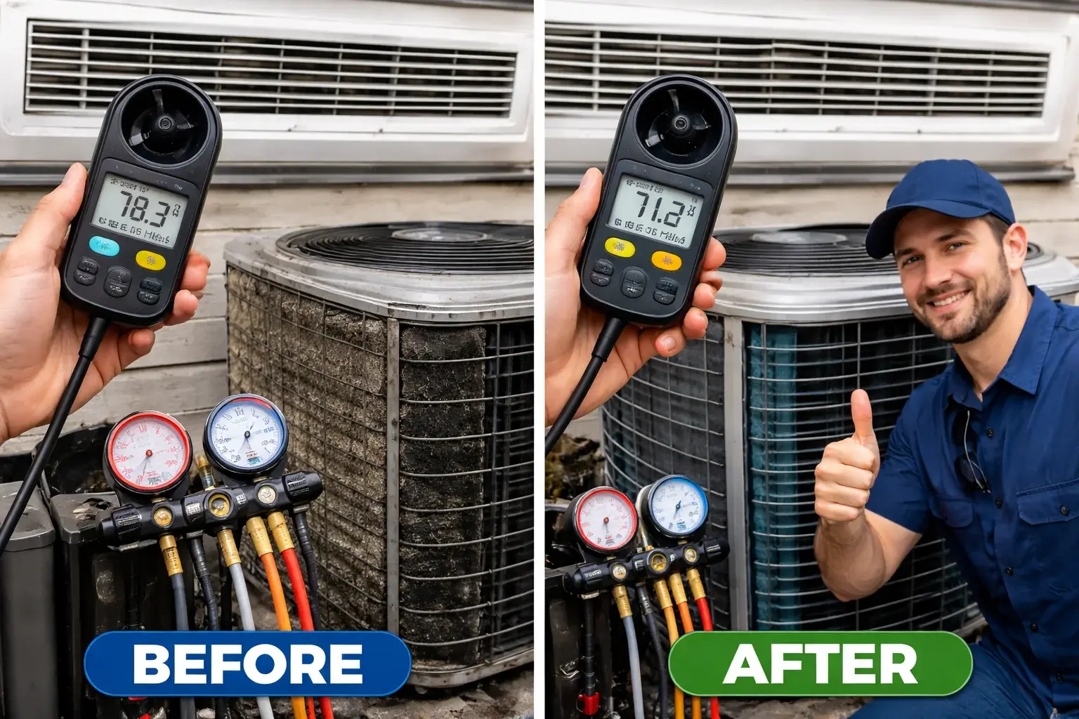 Before-and-after AC cooling performance comparison after completing system repair and tuning