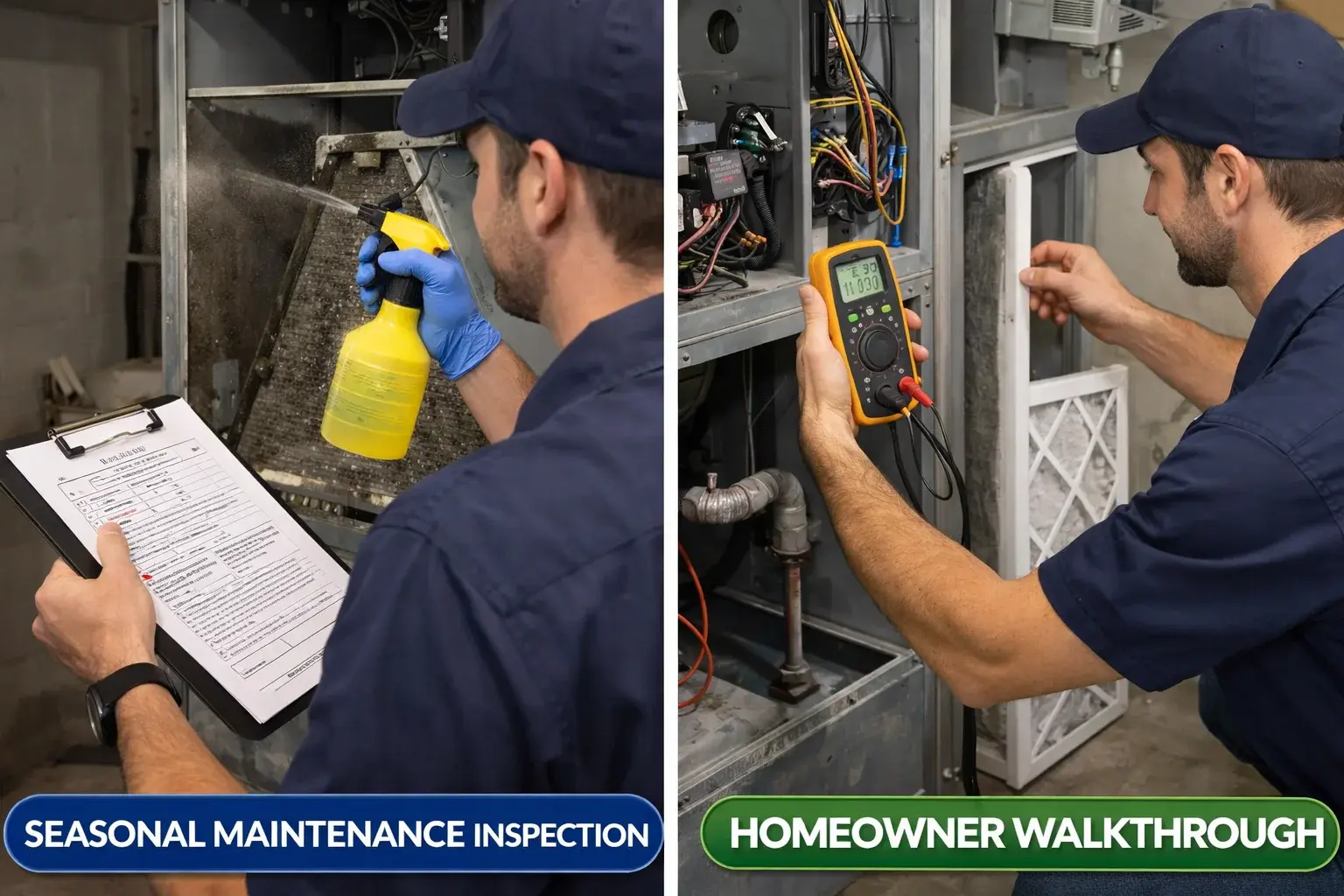 Seasonal HVAC maintenance inspection with checklist, including coil cleaning and filter service