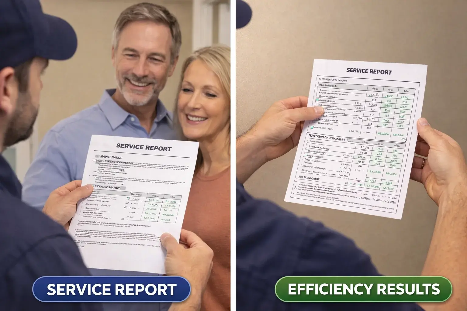 HVAC service report showing maintenance findings and efficiency results after tune-up