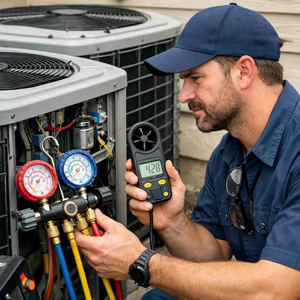 HVAC technician performing air conditioner diagnostics during an AC repair service call